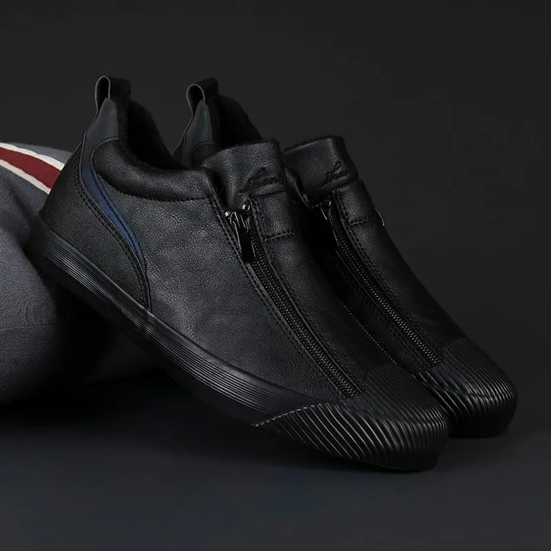 Men's Casual Fashion Leather Flat Zipper Shoes Slip On Walking Shoes Low Top Comfort Fit Sneakers Lightweight & Breathable Rubber Soles Walking Shoes