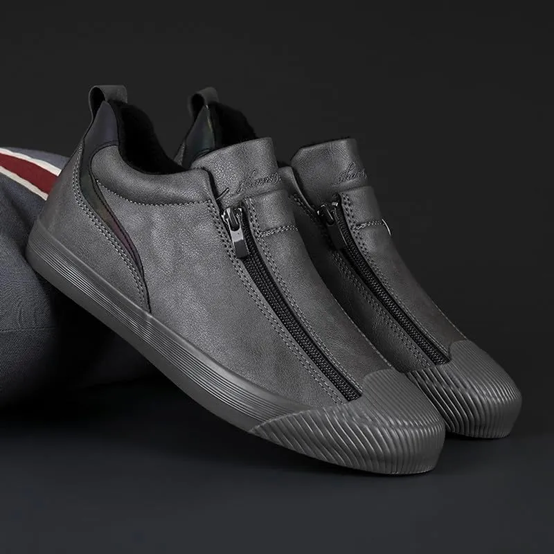 Men's Casual Fashion Leather Flat Zipper Shoes Slip On Walking Shoes Low Top Comfort Fit Sneakers Lightweight & Breathable Rubber Soles Walking Shoes