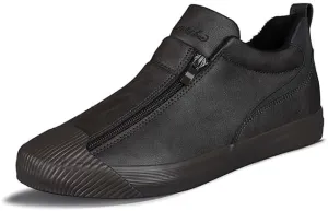 Men's Casual Fashion Leather Flat Zipper Shoes Slip On Walking Shoes Low Top Comfort Fit Sneakers Lightweight & Breathable Rubber Soles Walking Shoes