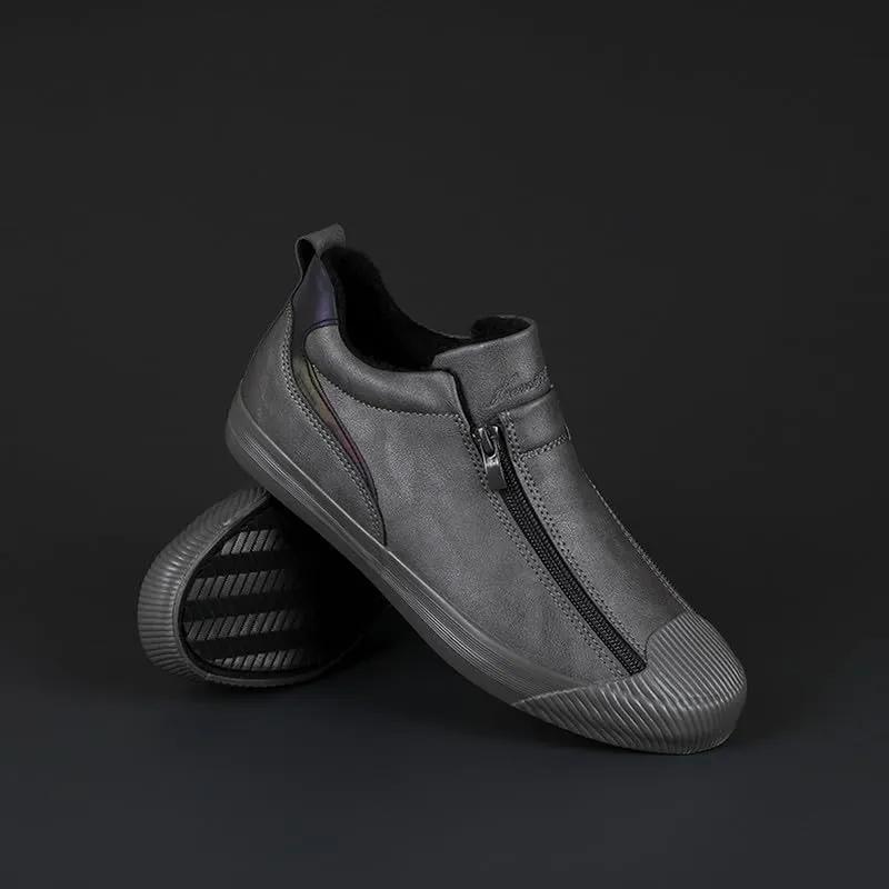 Men's Casual Fashion Leather Flat Zipper Shoes Slip On Walking Shoes Low Top Comfort Fit Sneakers Lightweight & Breathable Rubber Soles Walking Shoes