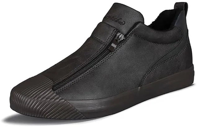 Men's Casual Fashion Leather Flat Zipper Shoes Slip On Walking Shoes Low Top Comfort Fit Sneakers Lightweight & Breathable Rubber Soles Walking Shoes