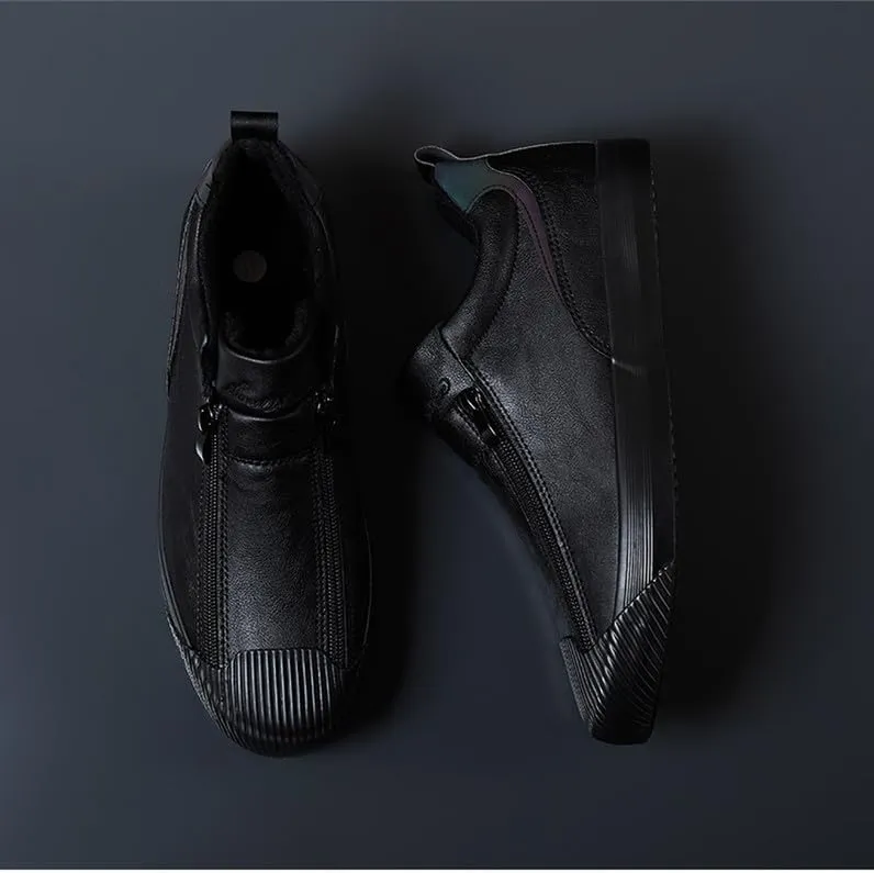 Men's Casual Fashion Leather Flat Zipper Shoes Slip On Walking Shoes Low Top Comfort Fit Sneakers Lightweight & Breathable Rubber Soles Walking Shoes