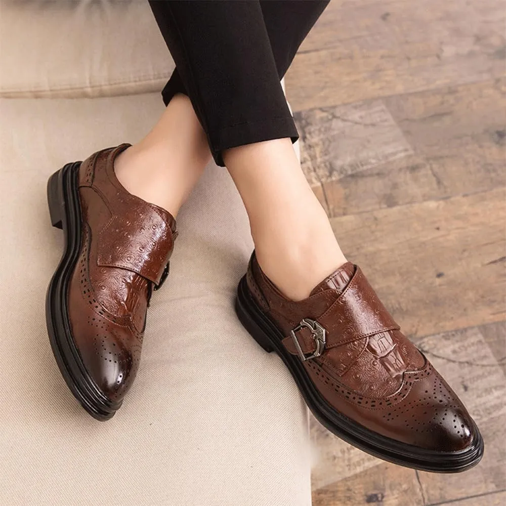 Men's Genuine Leather Monk Strap Slip-on Shoes Handmade Business Dress Loafers Casual Footwear with Buckle