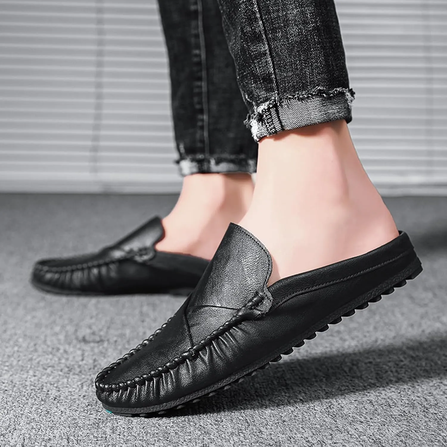 Men's Hand Stitched Half Drag Mules Slip On Comfortable Soft Sole Moccasin Boat Shoes Outdoor Comfortable Backless Casual Non-Slip Driving Loafers