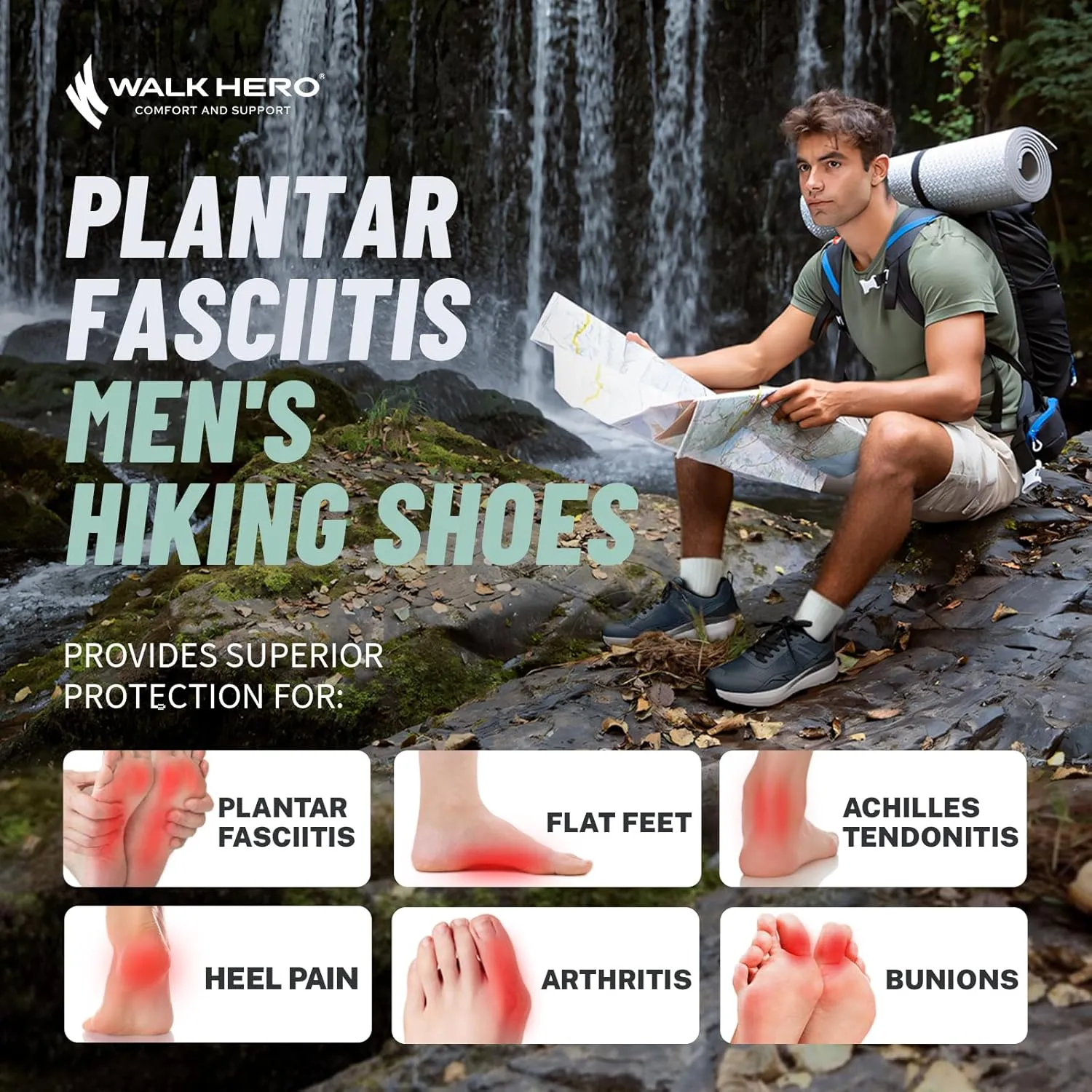 Mens Hiking Shoes for Plantar Fasciitis, Orthopedic Walking Shoes with Arch Support, Lightweight Waterproof Sneakers Wide Toe Box Shoes for Foot & Heel Pain Relief