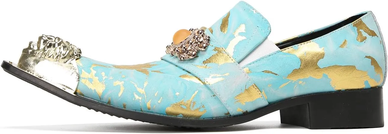Mens Loafers Casual Party Dress Slip On Penny Loafers Genuine Leather Metal-Tip Toe Gold Diamond Mocassins Fashion Prom Wedding Tuxedo Disco Bar Western Shoes for Men