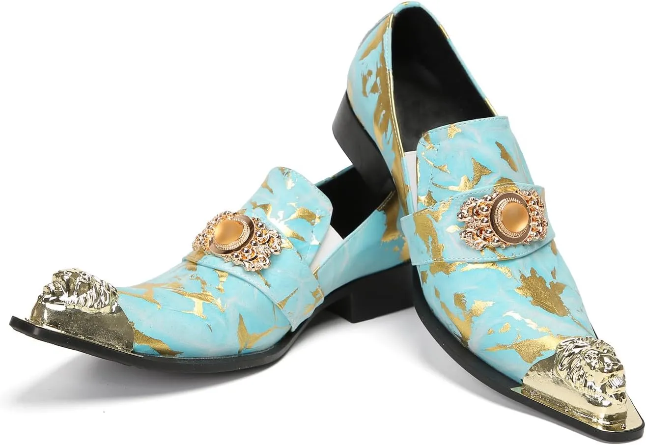 Mens Loafers Casual Party Dress Slip On Penny Loafers Genuine Leather Metal-Tip Toe Gold Diamond Mocassins Fashion Prom Wedding Tuxedo Disco Bar Western Shoes for Men