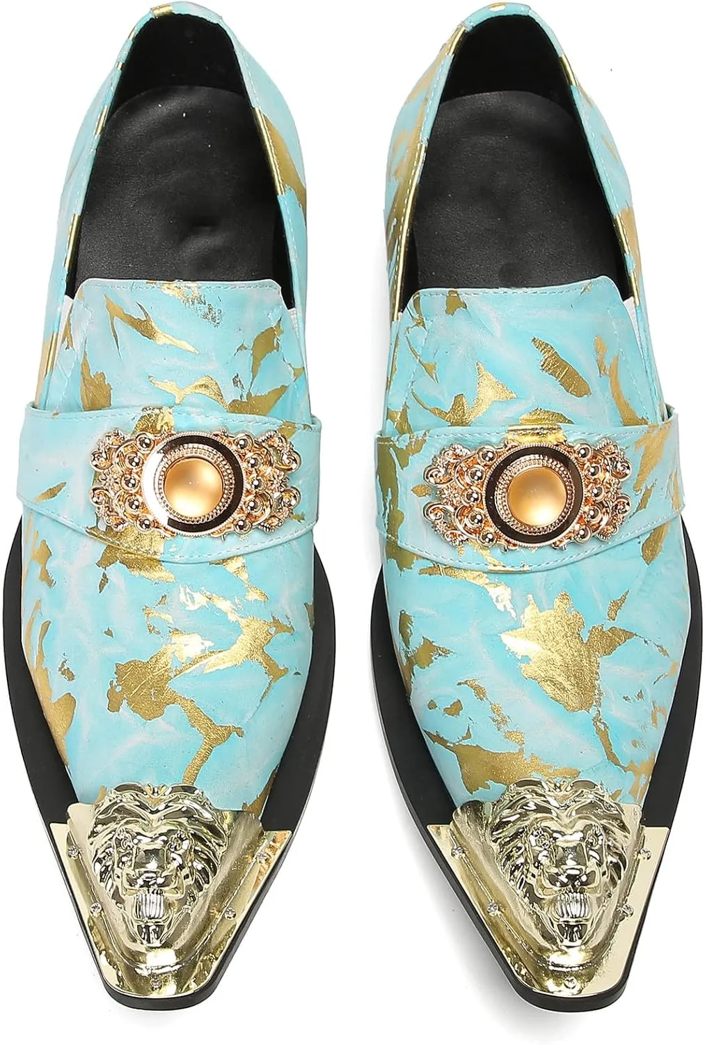 Mens Loafers Casual Party Dress Slip On Penny Loafers Genuine Leather Metal-Tip Toe Gold Diamond Mocassins Fashion Prom Wedding Tuxedo Disco Bar Western Shoes for Men