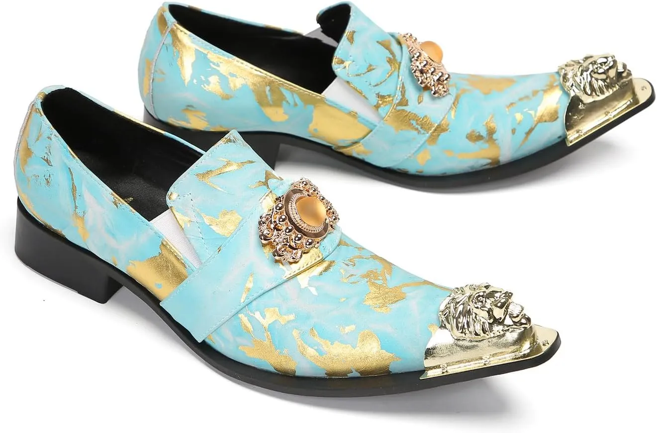 Mens Loafers Casual Party Dress Slip On Penny Loafers Genuine Leather Metal-Tip Toe Gold Diamond Mocassins Fashion Prom Wedding Tuxedo Disco Bar Western Shoes for Men