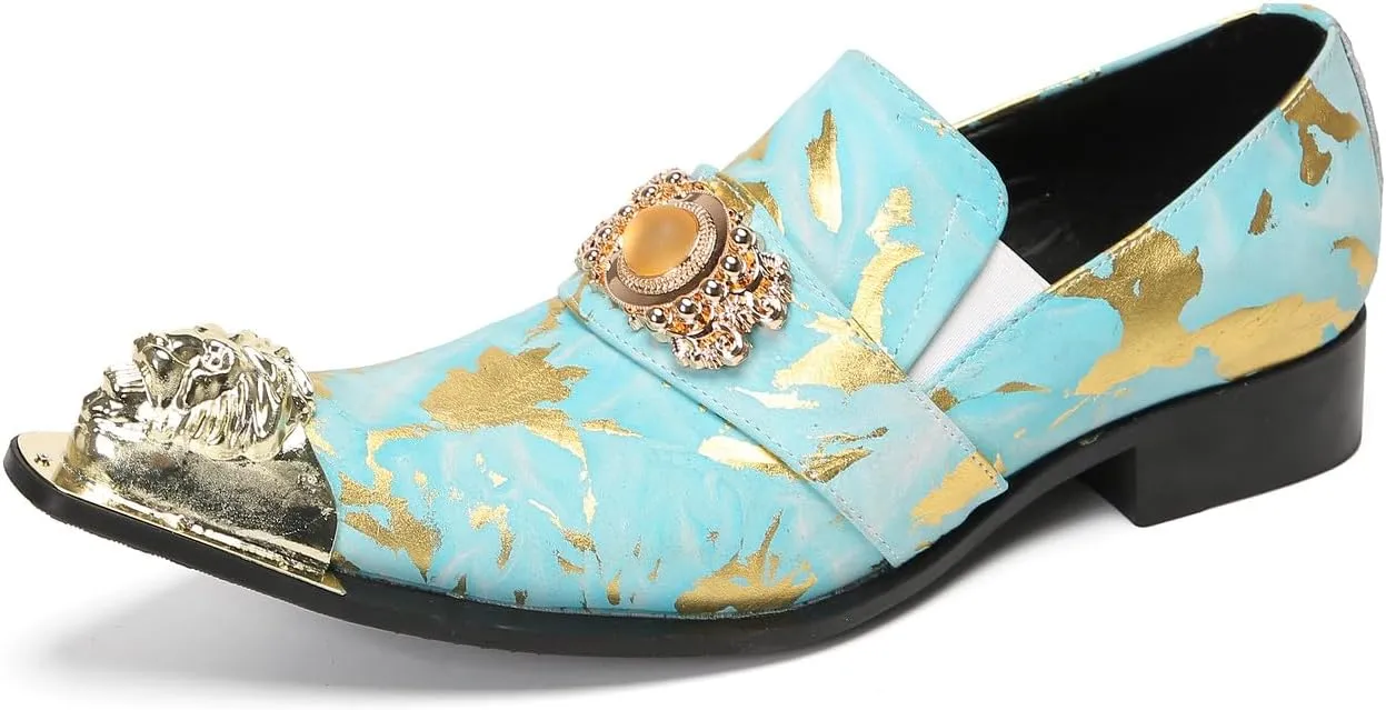Mens Loafers Casual Party Dress Slip On Penny Loafers Genuine Leather Metal-Tip Toe Gold Diamond Mocassins Fashion Prom Wedding Tuxedo Disco Bar Western Shoes for Men