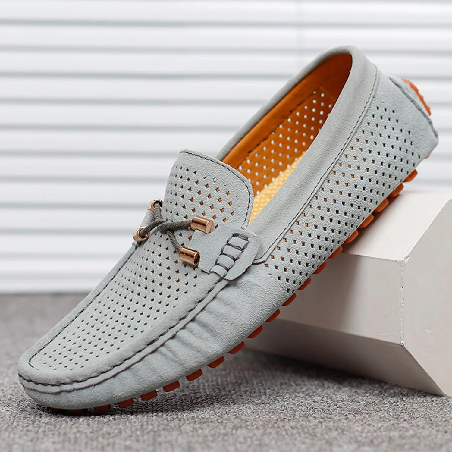 Men's Penny Loafers Suede Driving Moccasins Perforated Slip-On Loafers with Orange Sole Flats Boat Shoes
