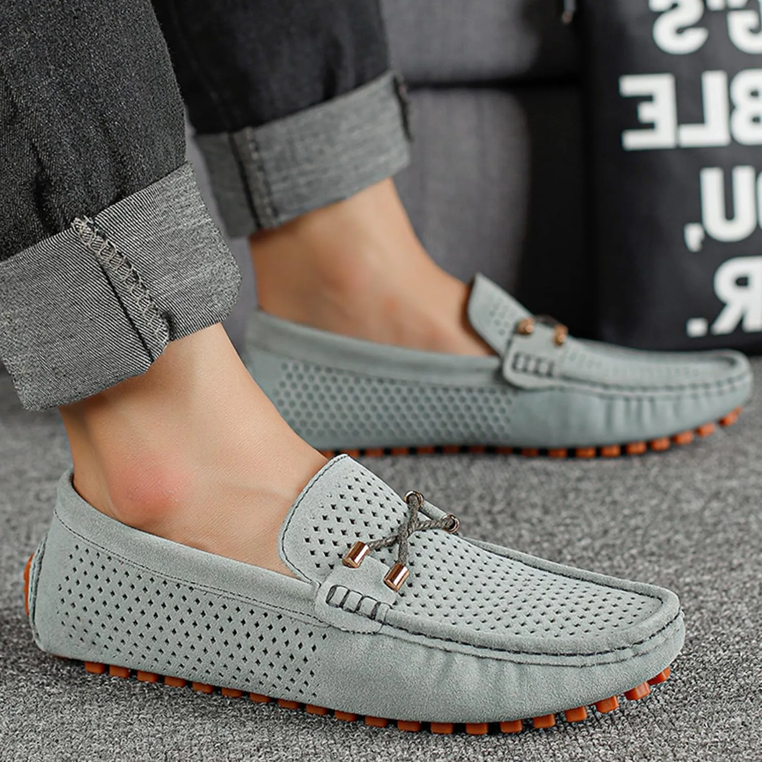 Men's Penny Loafers Suede Driving Moccasins Perforated Slip-On Loafers with Orange Sole Flats Boat Shoes