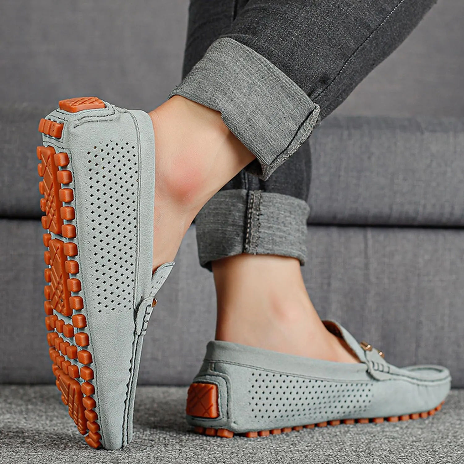 Men's Penny Loafers Suede Driving Moccasins Perforated Slip-On Loafers with Orange Sole Flats Boat Shoes