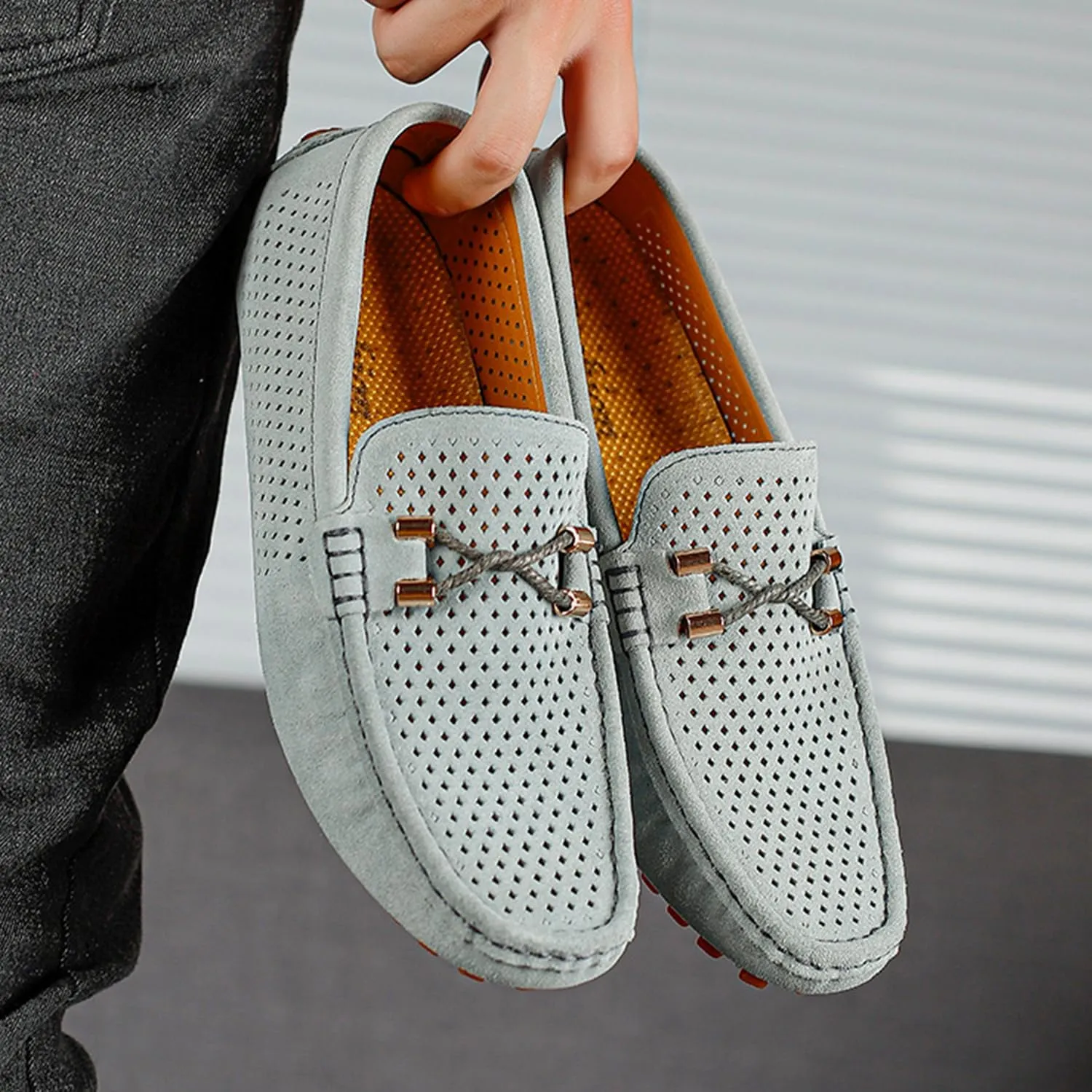 Men's Penny Loafers Suede Driving Moccasins Perforated Slip-On Loafers with Orange Sole Flats Boat Shoes