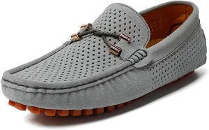 Men's Penny Loafers Suede Driving Moccasins Perforated Slip-On Loafers with Orange Sole Flats Boat Shoes