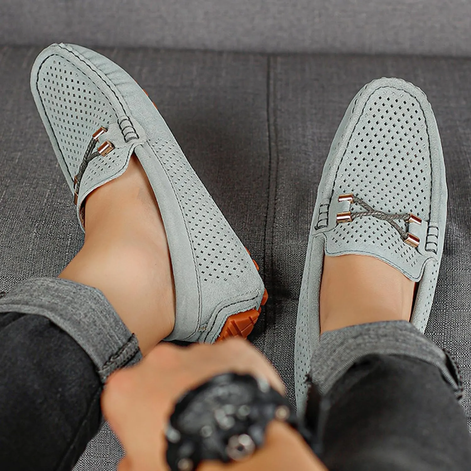 Men's Penny Loafers Suede Driving Moccasins Perforated Slip-On Loafers with Orange Sole Flats Boat Shoes