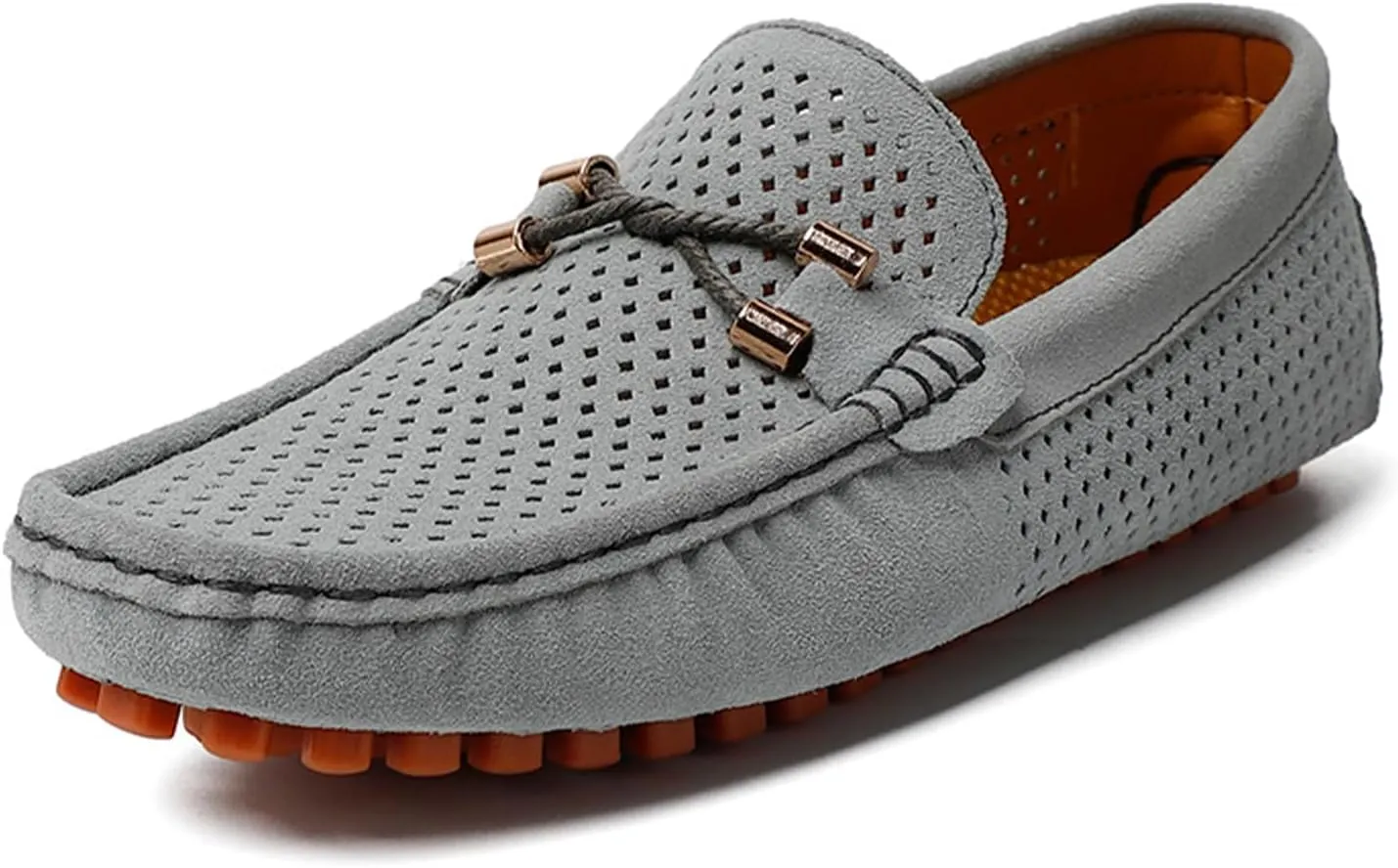Men's Penny Loafers Suede Driving Moccasins Perforated Slip-On Loafers with Orange Sole Flats Boat Shoes