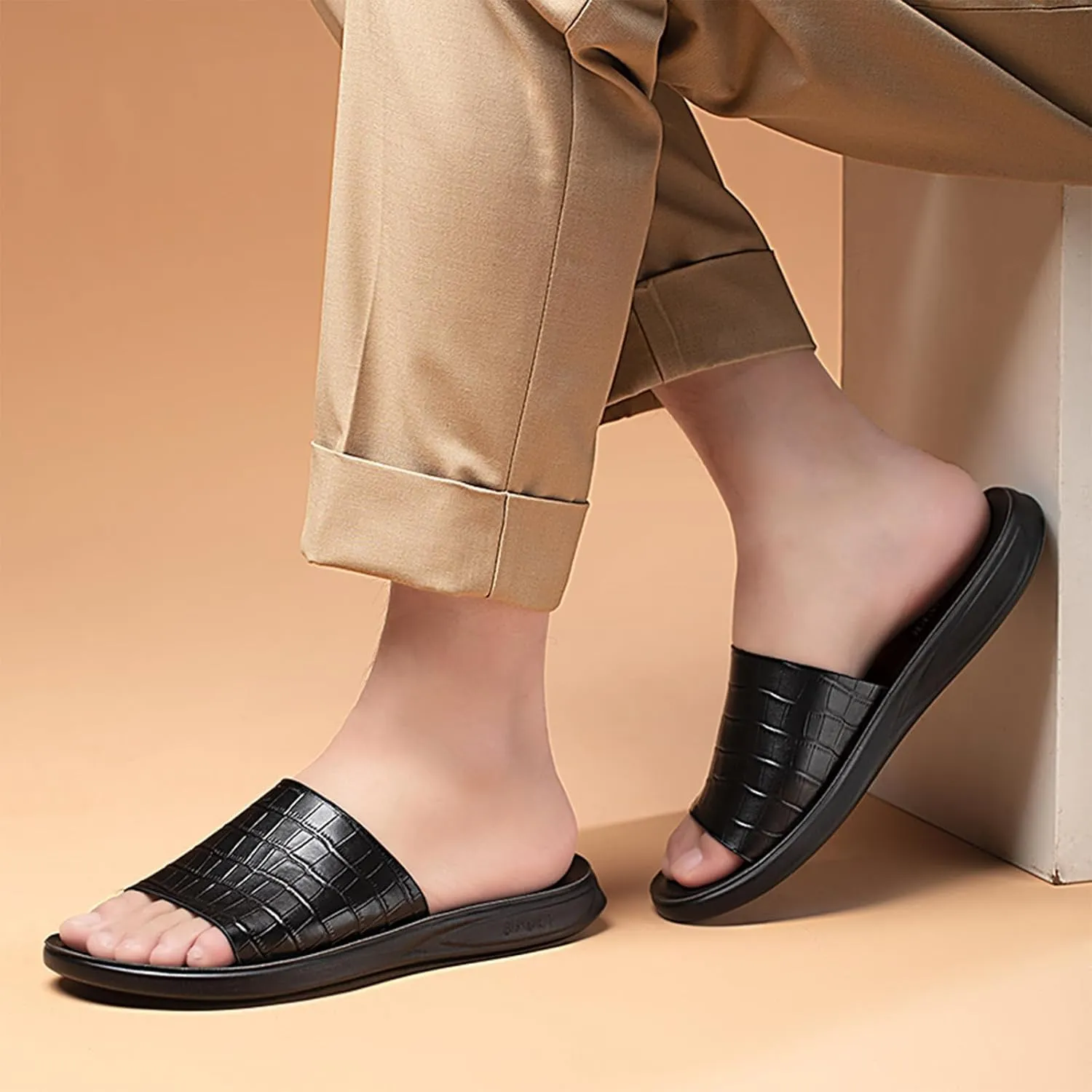 Men's Print Genuine Leather Flat Slides Sandals Round Open Toe Non Slip Outdoor Slip On Casual Flats Slippers Lightweight Beach Summer Sandals