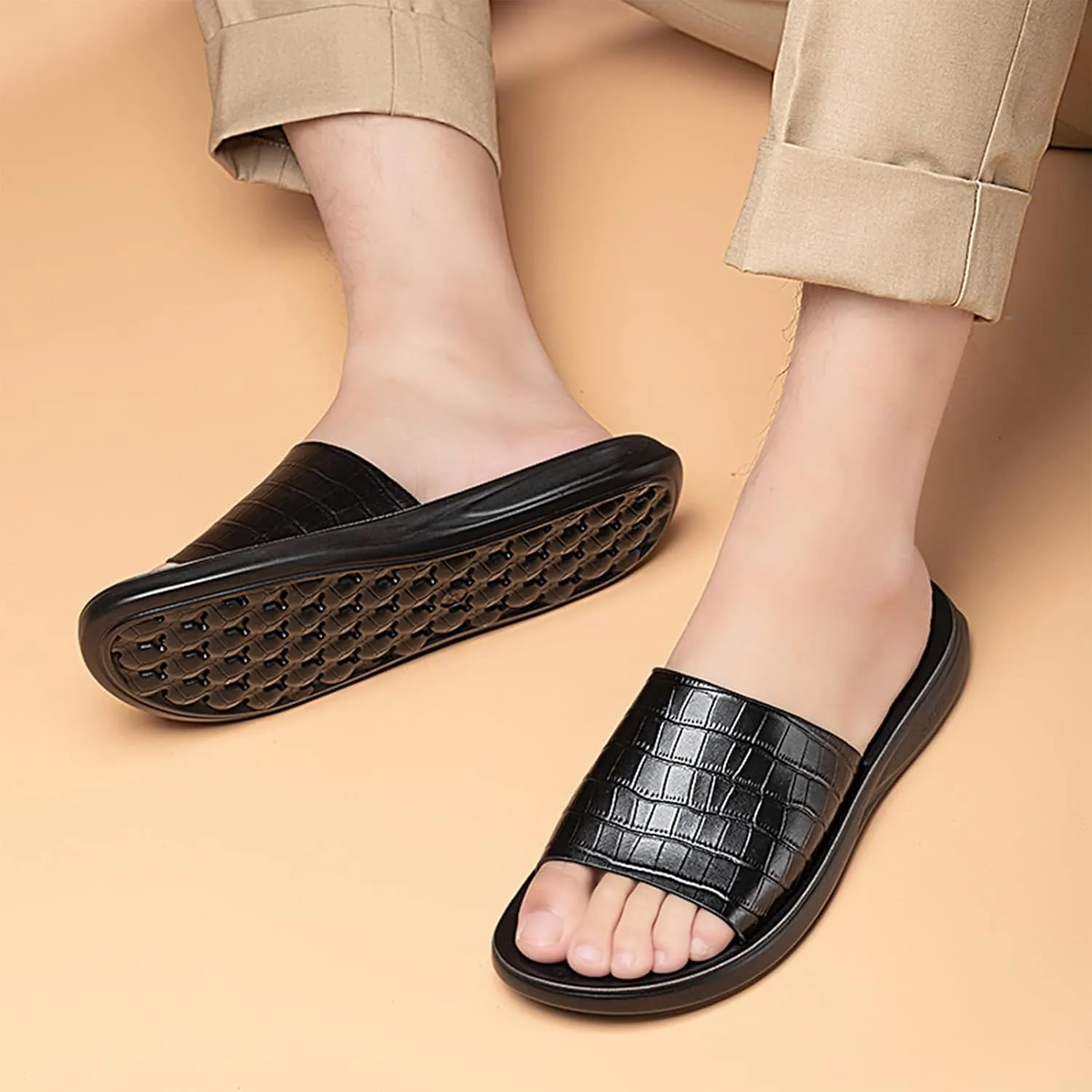Men's Print Genuine Leather Flat Slides Sandals Round Open Toe Non Slip Outdoor Slip On Casual Flats Slippers Lightweight Beach Summer Sandals