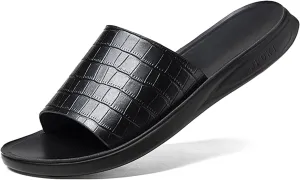 Men's Print Genuine Leather Flat Slides Sandals Round Open Toe Non Slip Outdoor Slip On Casual Flats Slippers Lightweight Beach Summer Sandals