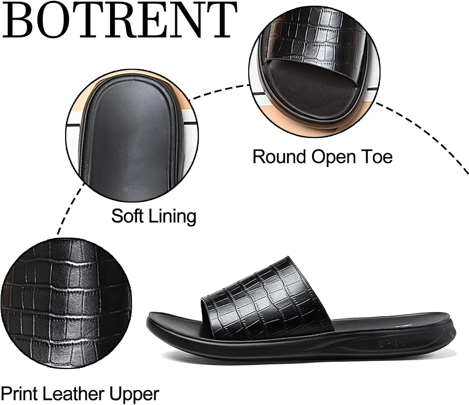 Men's Print Genuine Leather Flat Slides Sandals Round Open Toe Non Slip Outdoor Slip On Casual Flats Slippers Lightweight Beach Summer Sandals