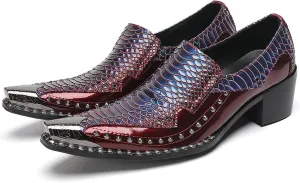 Men's Slip-On Loafers Leather Dress Shoes - Metal Pointed Toe, Studded Detail, Chunky Heel, Comfortable Snakeskin Western Casual Penny Loafers for Party,Ballroom,Bar Wear