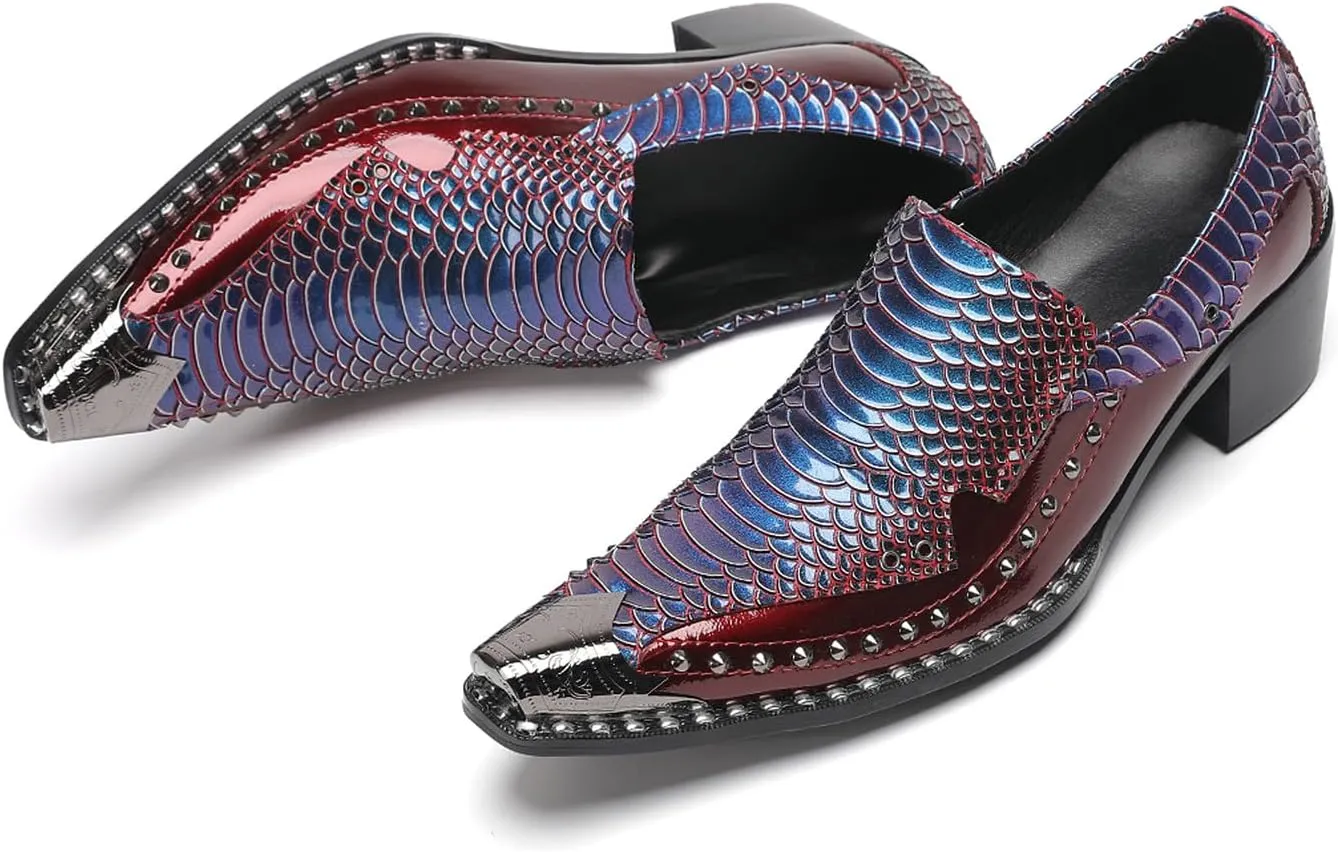 Men's Slip-On Loafers Leather Dress Shoes - Metal Pointed Toe, Studded Detail, Chunky Heel, Comfortable Snakeskin Western Casual Penny Loafers for Party,Ballroom,Bar Wear
