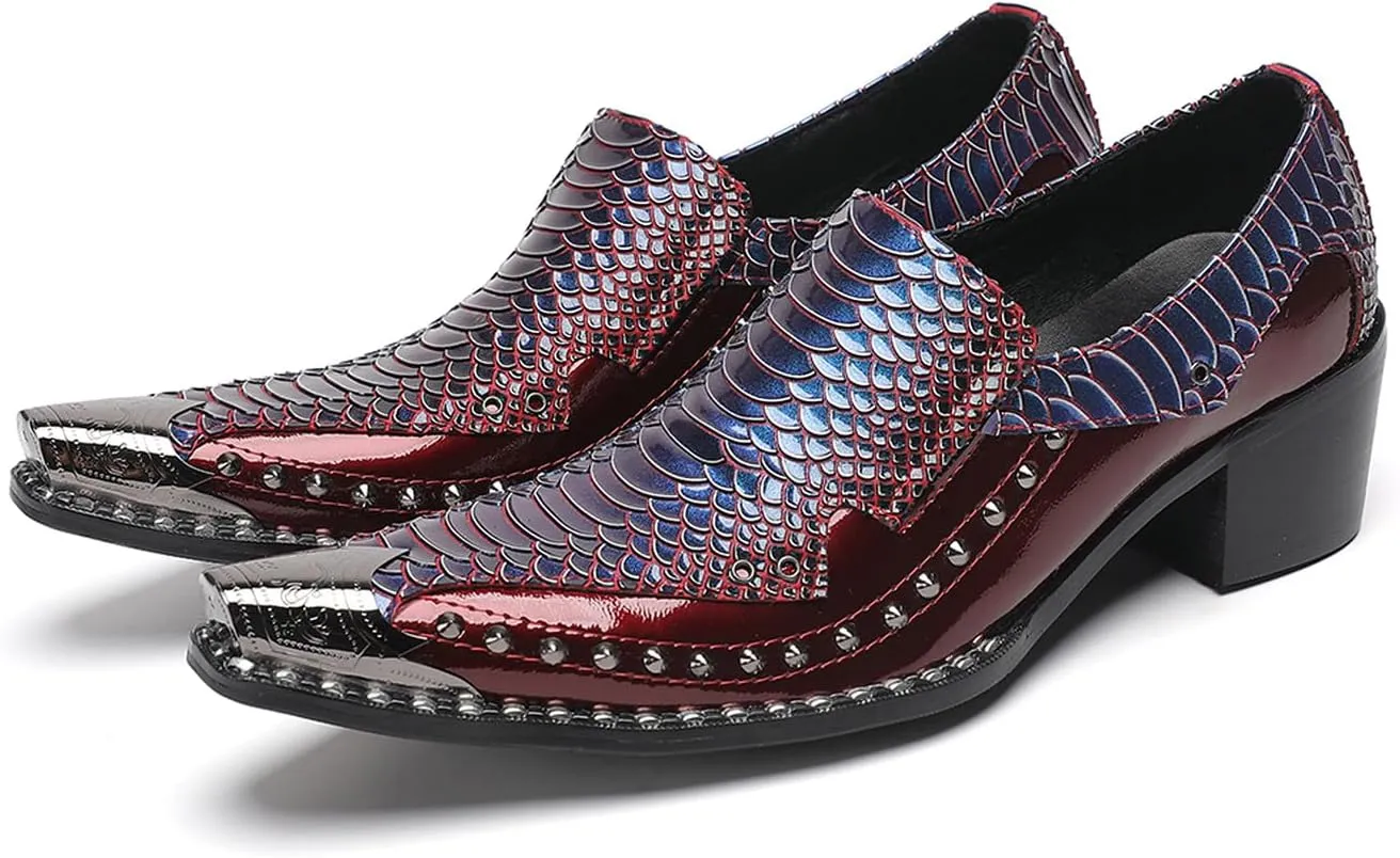 Men's Slip-On Loafers Leather Dress Shoes - Metal Pointed Toe, Studded Detail, Chunky Heel, Comfortable Snakeskin Western Casual Penny Loafers for Party,Ballroom,Bar Wear