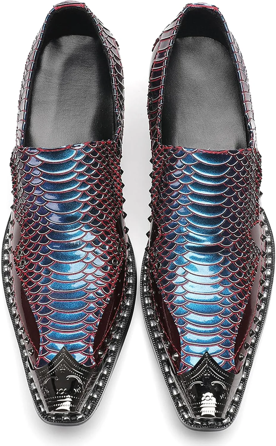 Men's Slip-On Loafers Leather Dress Shoes - Metal Pointed Toe, Studded Detail, Chunky Heel, Comfortable Snakeskin Western Casual Penny Loafers for Party,Ballroom,Bar Wear