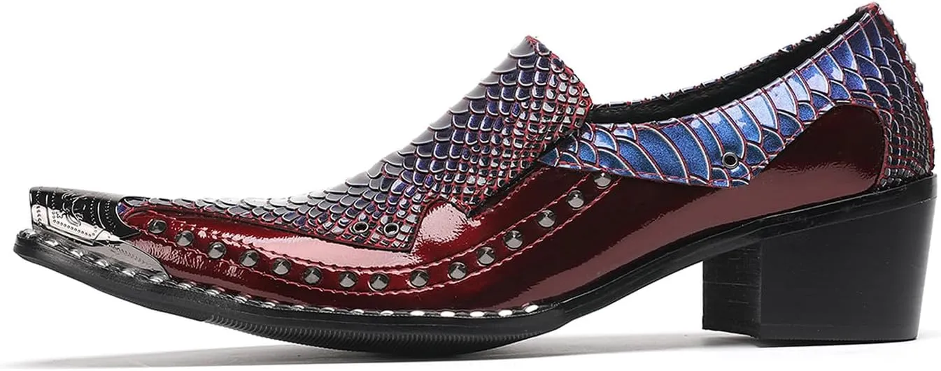 Men's Slip-On Loafers Leather Dress Shoes - Metal Pointed Toe, Studded Detail, Chunky Heel, Comfortable Snakeskin Western Casual Penny Loafers for Party,Ballroom,Bar Wear
