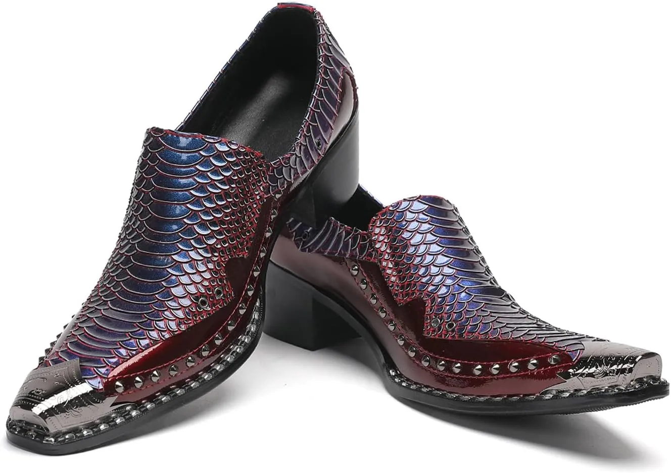 Men's Slip-On Loafers Leather Dress Shoes - Metal Pointed Toe, Studded Detail, Chunky Heel, Comfortable Snakeskin Western Casual Penny Loafers for Party,Ballroom,Bar Wear