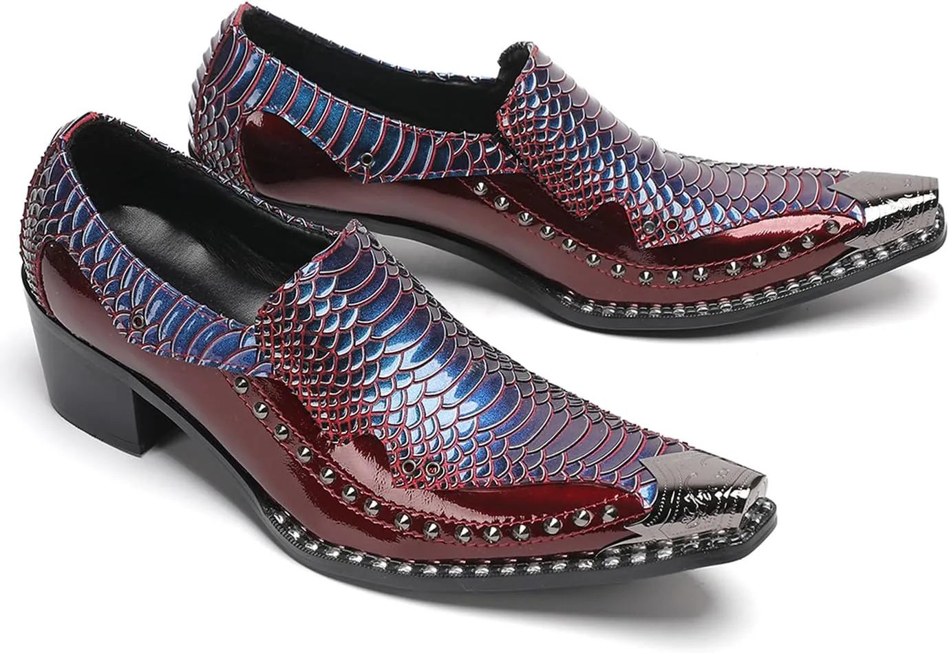 Men's Slip-On Loafers Leather Dress Shoes - Metal Pointed Toe, Studded Detail, Chunky Heel, Comfortable Snakeskin Western Casual Penny Loafers for Party,Ballroom,Bar Wear