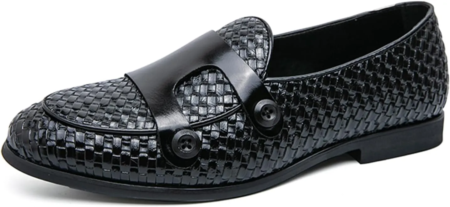 Men's Slip On Loafers Woven Leather Penny Loafers Double Monk Strap Driving Loafers Brown Classic Dress Shoes