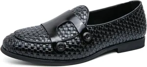Men's Slip On Loafers Woven Leather Penny Loafers Double Monk Strap Driving Loafers Brown Classic Dress Shoes