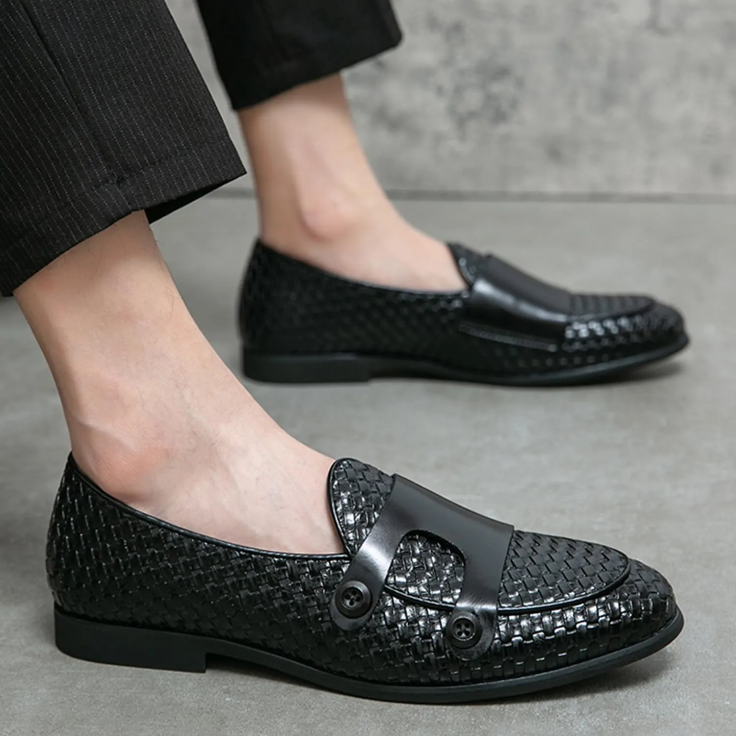 Men's Slip On Loafers Woven Leather Penny Loafers Double Monk Strap Driving Loafers Brown Classic Dress Shoes