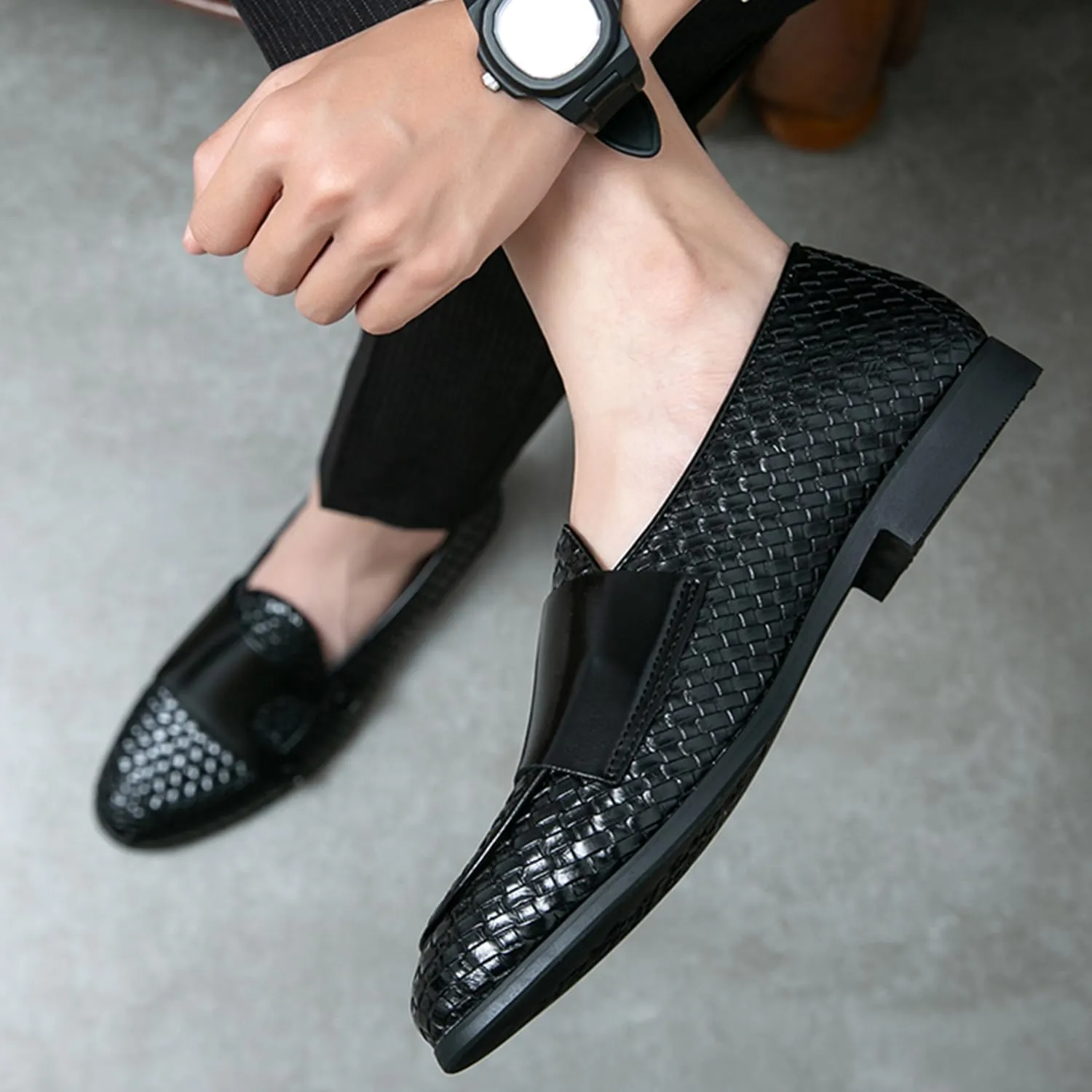 Men's Slip On Loafers Woven Leather Penny Loafers Double Monk Strap Driving Loafers Brown Classic Dress Shoes