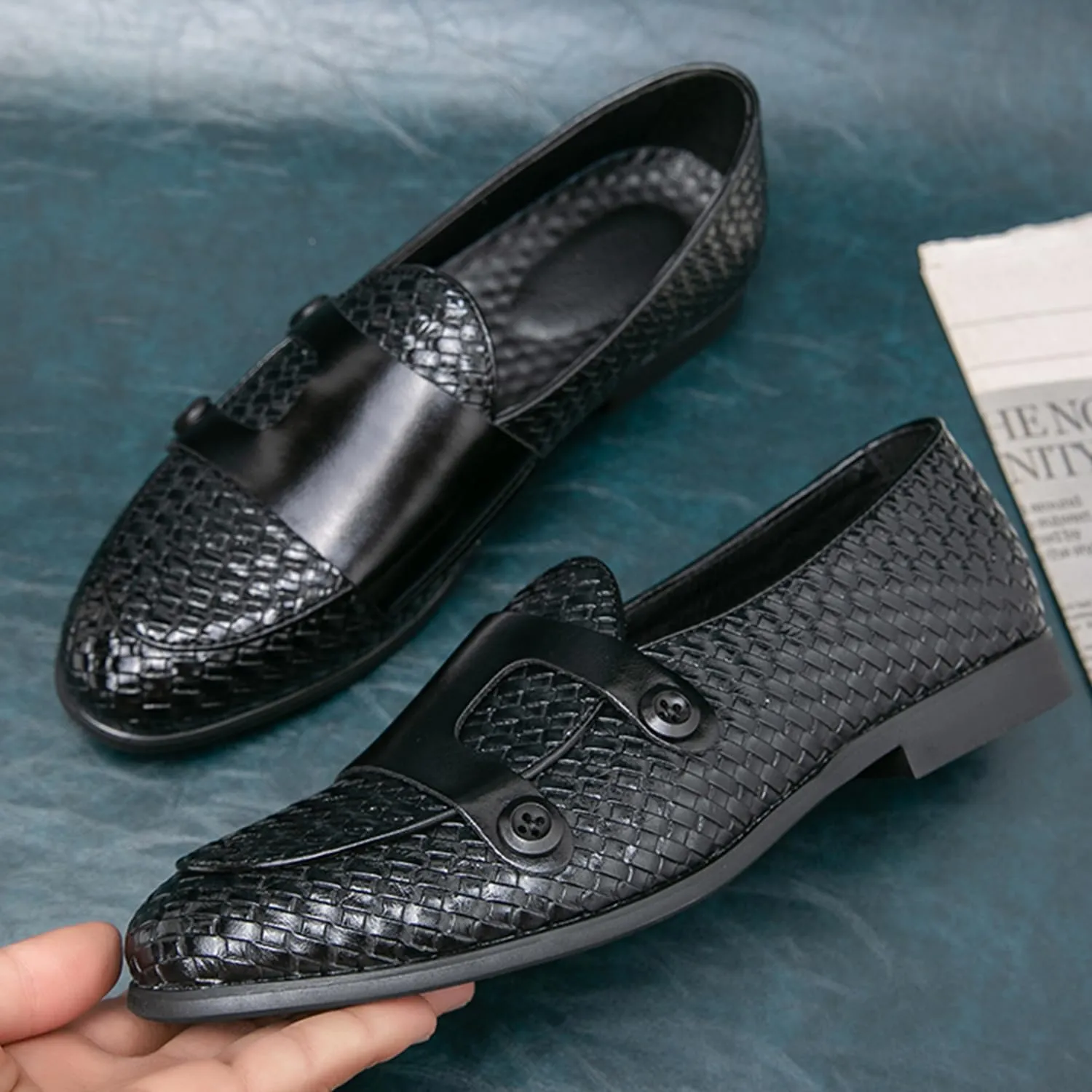 Men's Slip On Loafers Woven Leather Penny Loafers Double Monk Strap Driving Loafers Brown Classic Dress Shoes