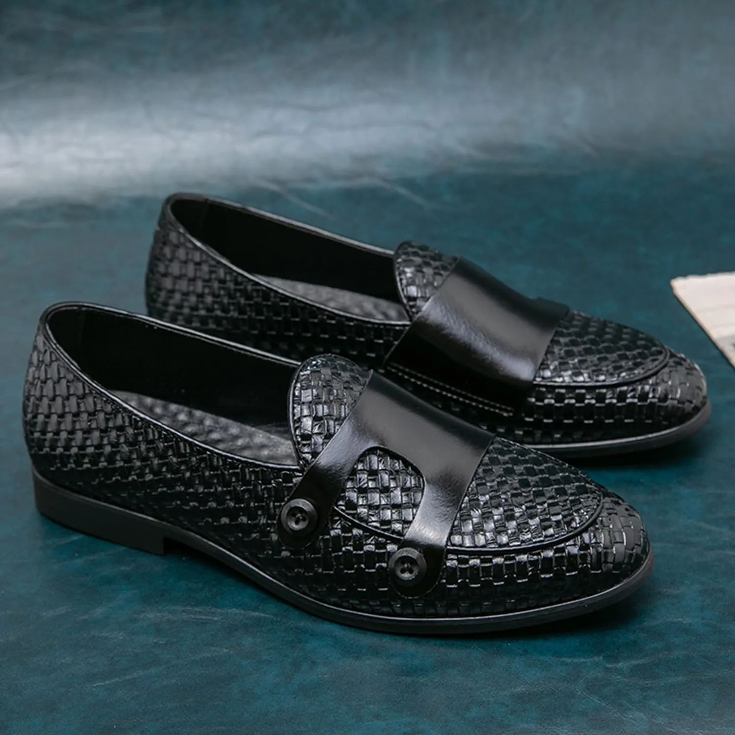 Men's Slip On Loafers Woven Leather Penny Loafers Double Monk Strap Driving Loafers Brown Classic Dress Shoes