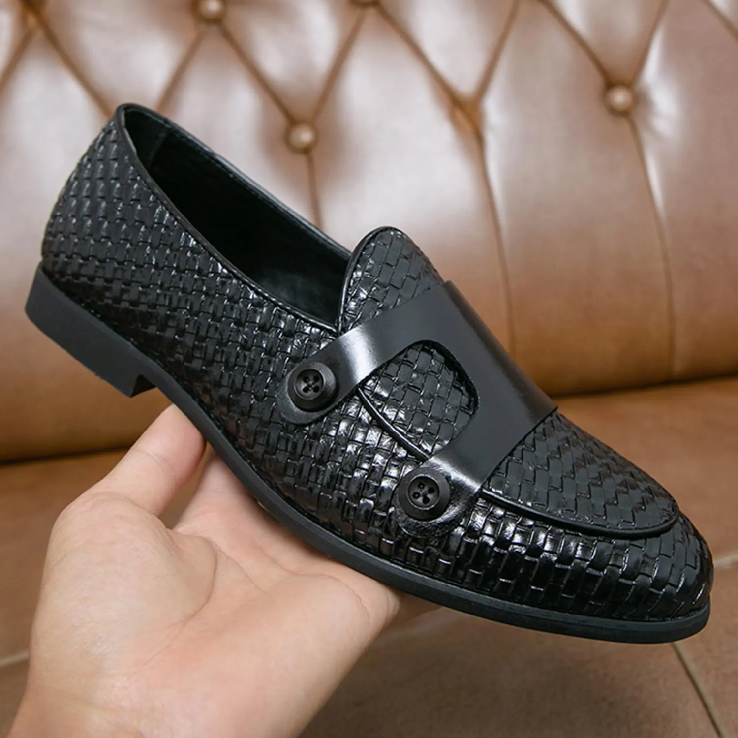Men's Slip On Loafers Woven Leather Penny Loafers Double Monk Strap Driving Loafers Brown Classic Dress Shoes