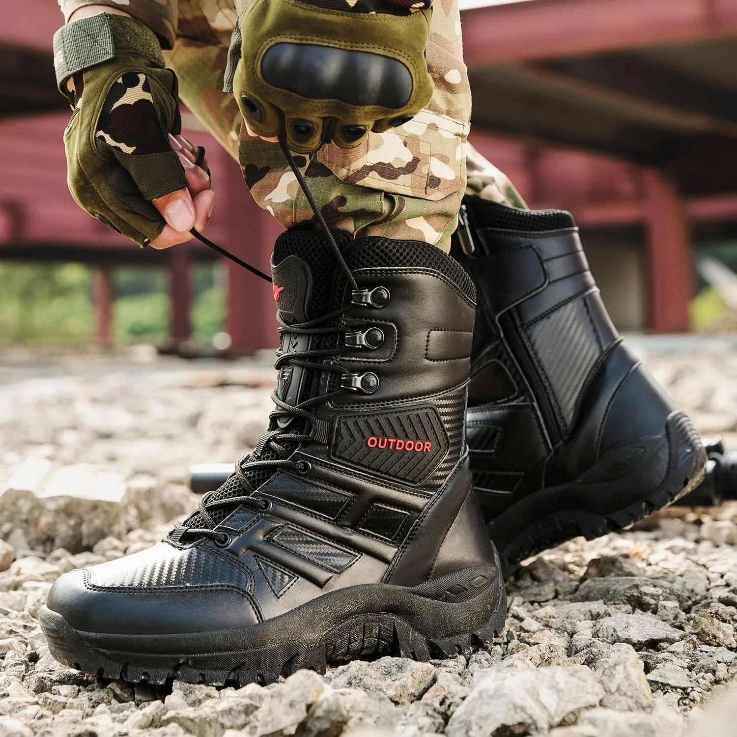 Men's Tactical Military Work Boots Side Zipper Lightweight Outdoor Motorcycle Boots Waterproof Combat Army Boots for Men