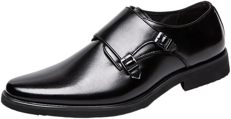 Mens Vintage Pointed Toe Loafers Double Buckle Brogue Slip On Formal Business Casual Office Wedding Dress Shoes