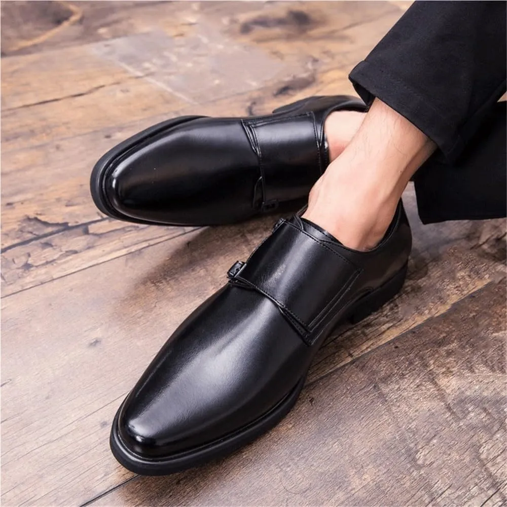 Mens Vintage Pointed Toe Loafers Double Buckle Brogue Slip On Formal Business Casual Office Wedding Dress Shoes
