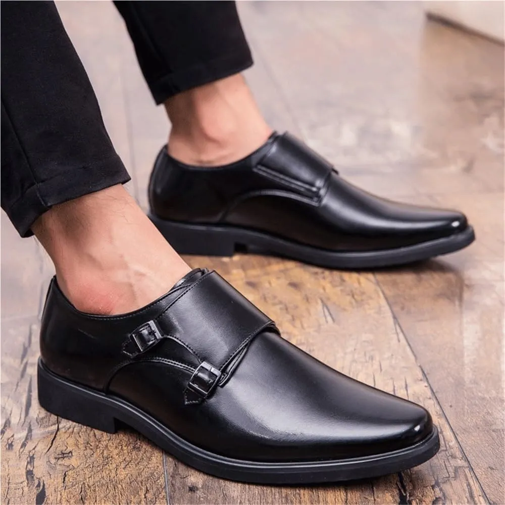 Mens Vintage Pointed Toe Loafers Double Buckle Brogue Slip On Formal Business Casual Office Wedding Dress Shoes