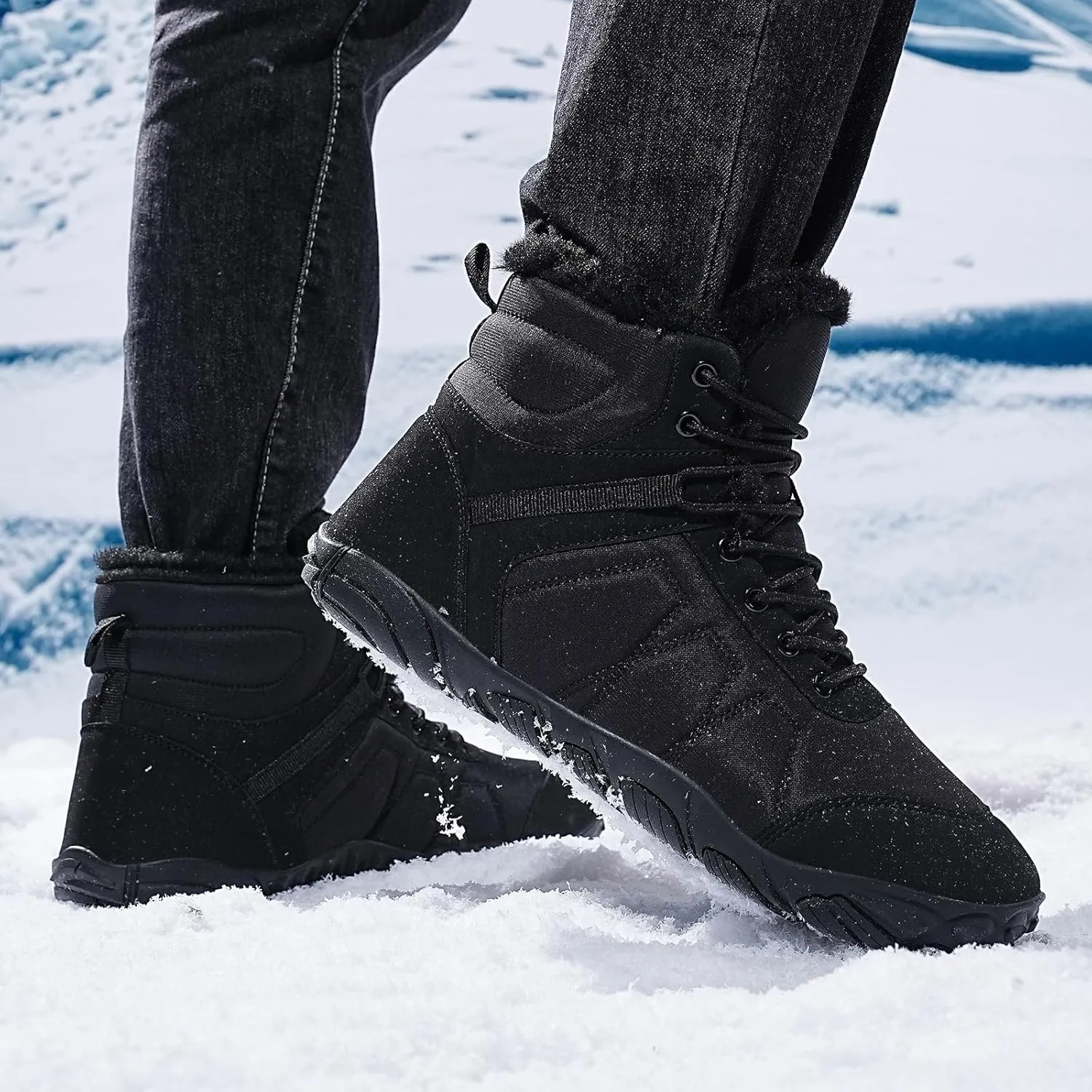 Mens Womens Snow Boots Winter Barefoot Shoes Warm Fur Lined Short Ankle Booties Outdoor Anti-Slip Wide Toe Box Walking Winter Shoes