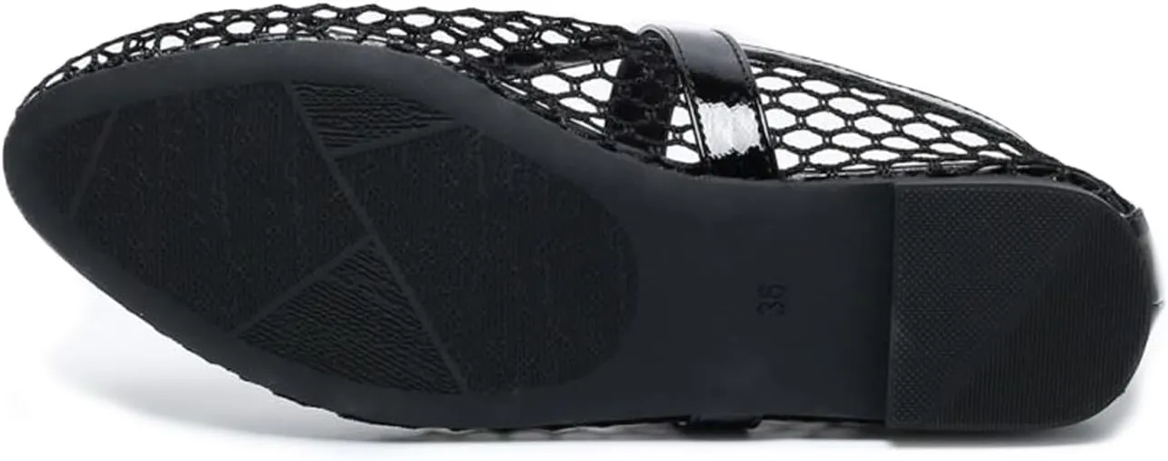 Mesh Ballet Flats for Women Buckle Strap Round Toe Mesh Fishnet Flats Comfy Casual Office Ballerina Daily Dress Shoes