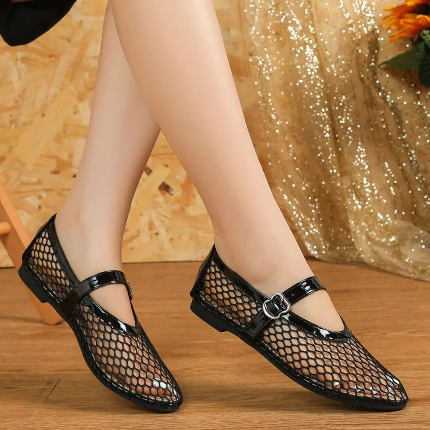 Mesh Ballet Flats for Women Buckle Strap Round Toe Mesh Fishnet Flats Comfy Casual Office Ballerina Daily Dress Shoes
