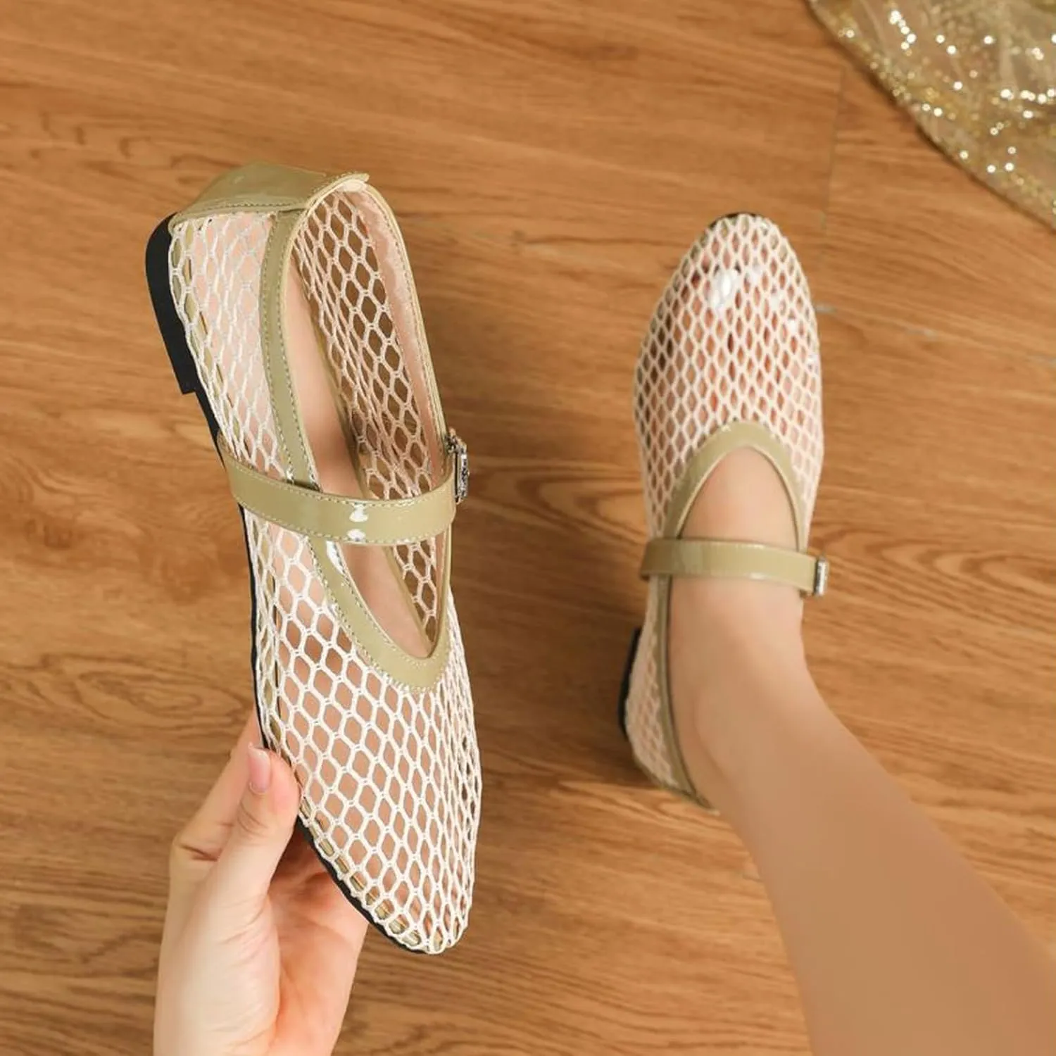 Mesh Ballet Flats for Women Buckle Strap Round Toe Mesh Fishnet Flats Comfy Casual Office Ballerina Daily Dress Shoes