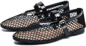Mesh Ballet Flats for Women Buckle Strap Round Toe Mesh Fishnet Flats Comfy Casual Office Ballerina Daily Dress Shoes