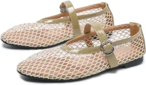 Mesh Ballet Flats for Women Buckle Strap Round Toe Mesh Fishnet Flats Comfy Casual Office Ballerina Daily Dress Shoes