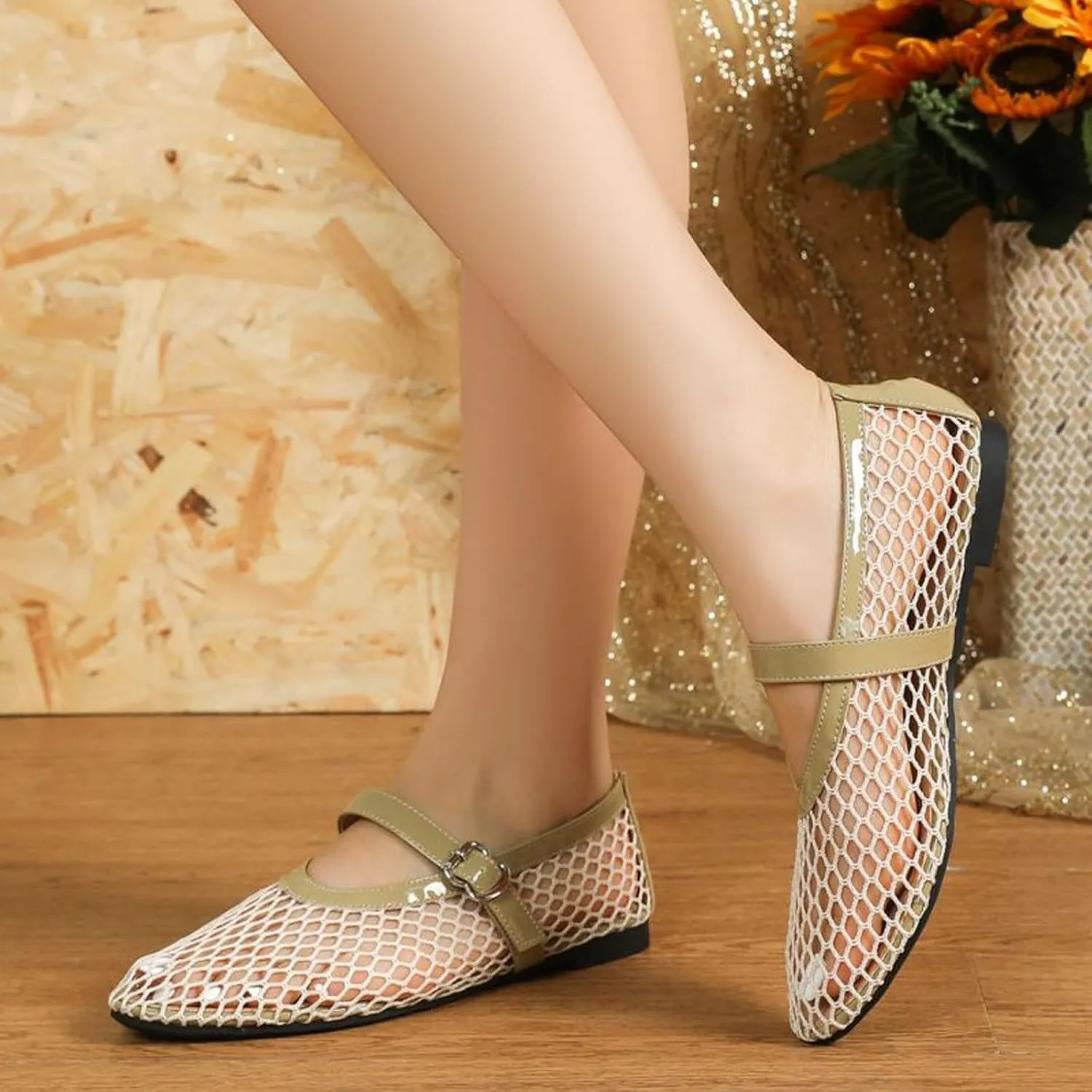 Mesh Ballet Flats for Women Buckle Strap Round Toe Mesh Fishnet Flats Comfy Casual Office Ballerina Daily Dress Shoes